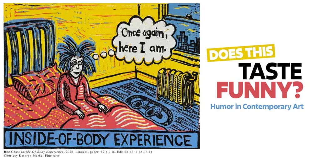Colorful artwork of a person sitting in bed with thought bubble: "Once again, here I am." Text: "Inside-of-Body Experience," and exhibit title.