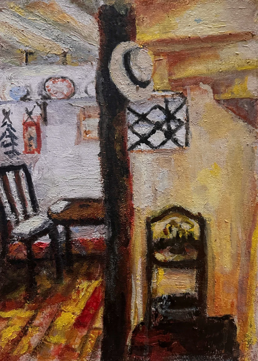 Impressionist painting of an interior with two chairs, a table, and a hat hanging on a wooden post. Warm colors dominate the scene.