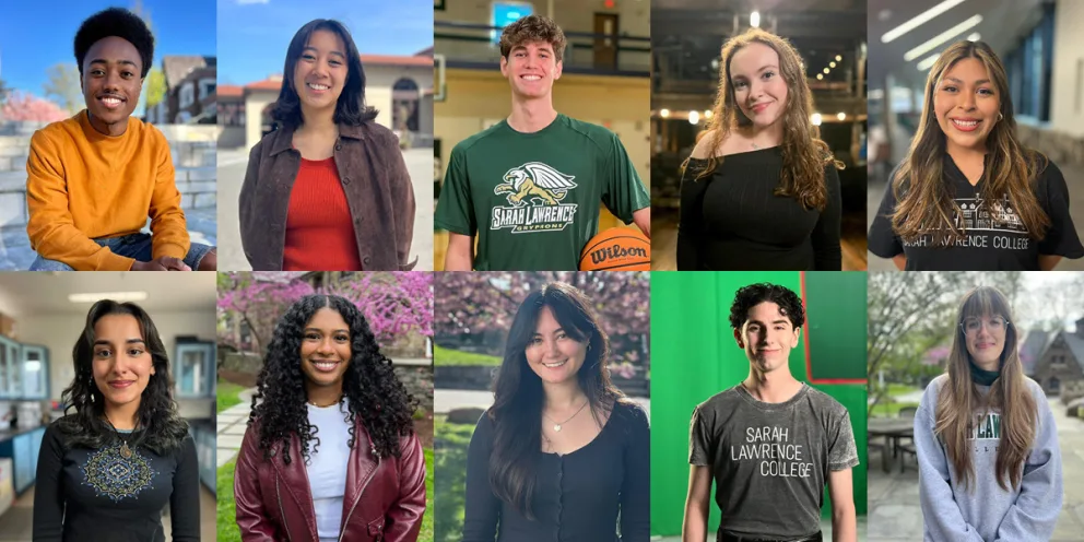 Ten diverse individuals smiling, standing outdoors and indoors, some wearing Sarah Lawrence College attire.