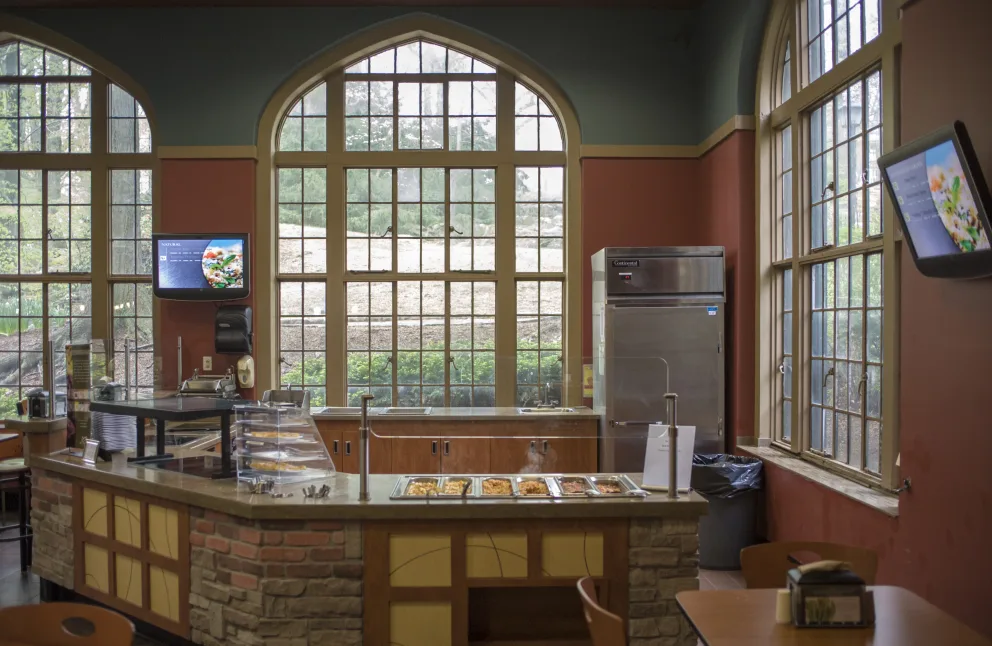 Dining hall with Food stations and tables