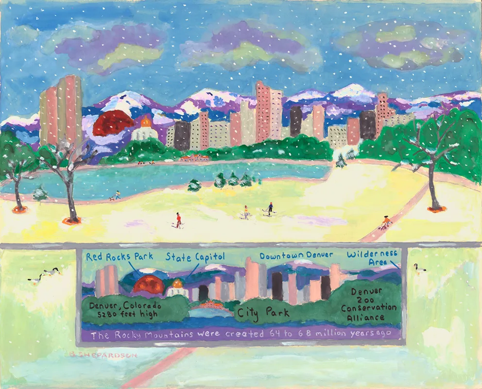 Colorful painting of a snowy park with people, trees, and a city skyline. Text highlights landmarks and mentions the Rocky Mountains.
