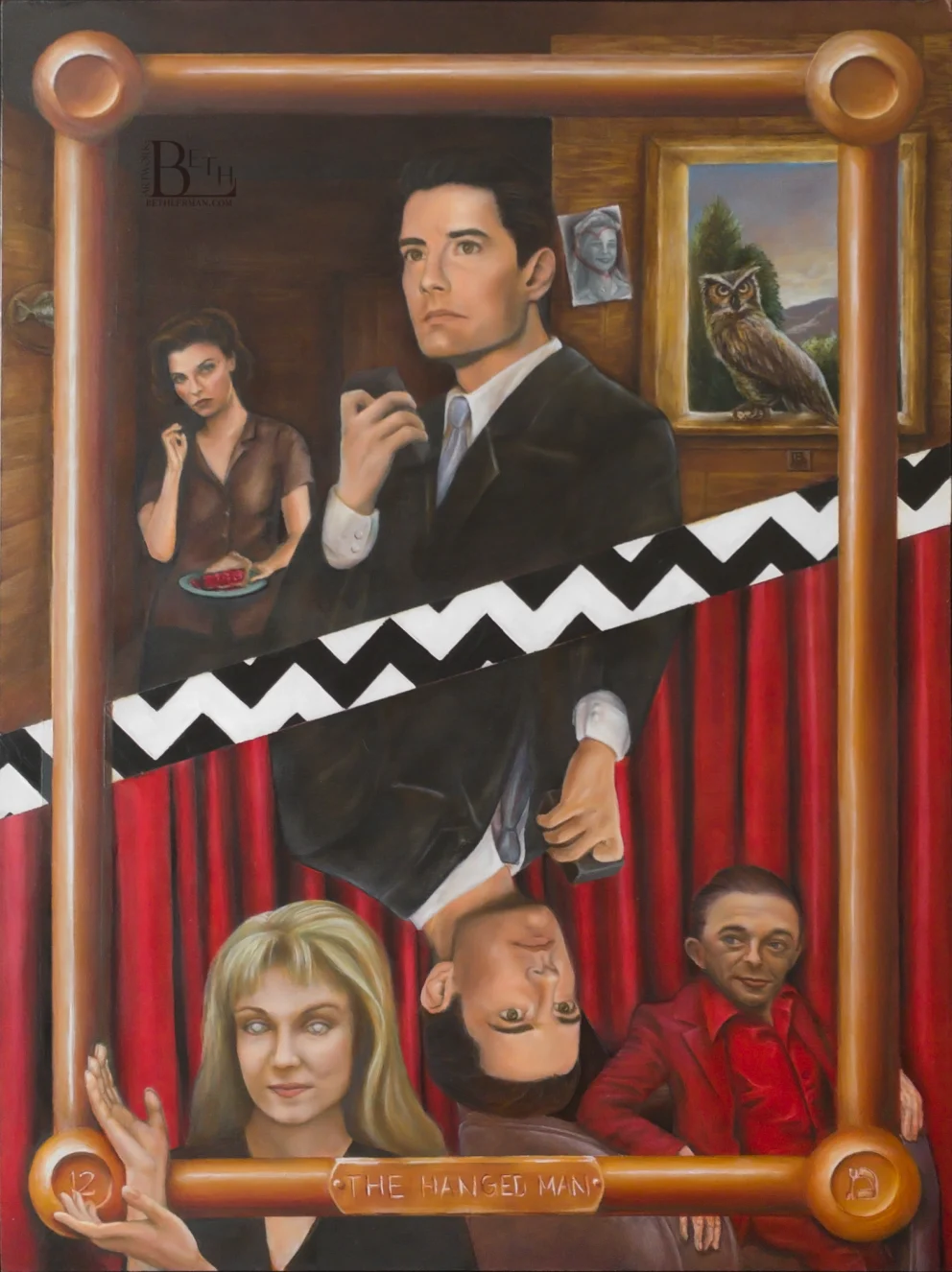 Surreal painting with two mirrored sections featuring people, a slice of cherry pie, an owl in a painting, and geometric patterns.