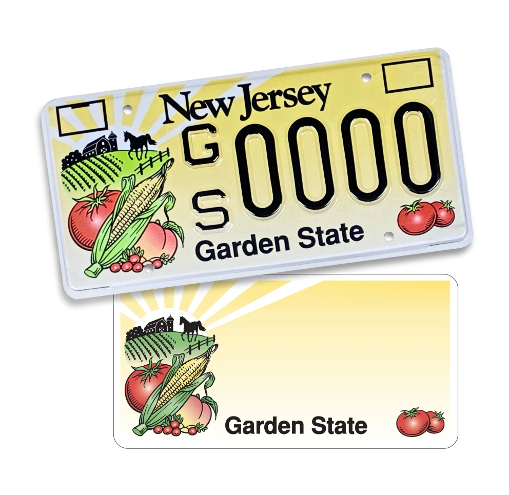New Jersey license plate with farm graphics, corn, and tomatoes. Text reads "Garden State."