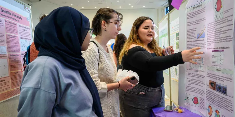 Three people discussing a scientific poster at a presentation. One points to the poster while the others listen attentively.