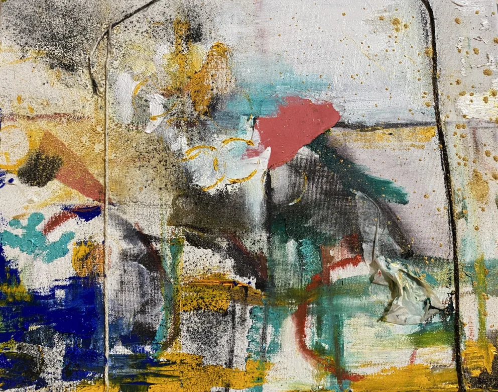 Abstract painting with bold, textured strokes in shades of blue, yellow, red, and green, featuring organic shapes and splatters.