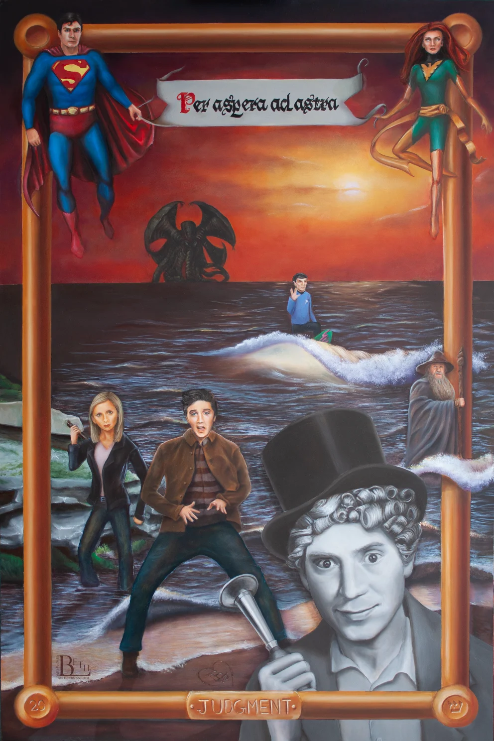 Fictional characters in a surreal scene with superheroes, a mythological creature, a wizard, and figures on water during a sunset, framed as a tarot card.
