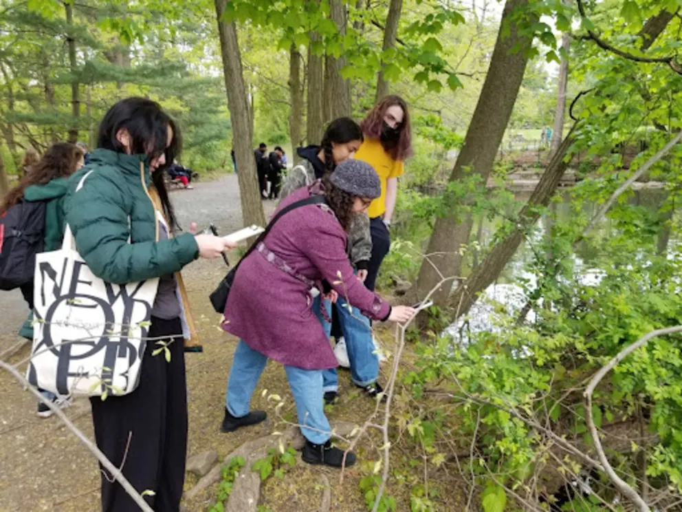 A group of people is gathered in a wooded area, with some standing on a bridge and others walking around. They are holding cell phones and have backpacks.
