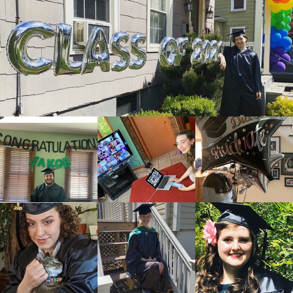Collage of graduates celebrating in caps and gowns, with balloons and virtual gatherings, showing "Class of 2020" decorations.