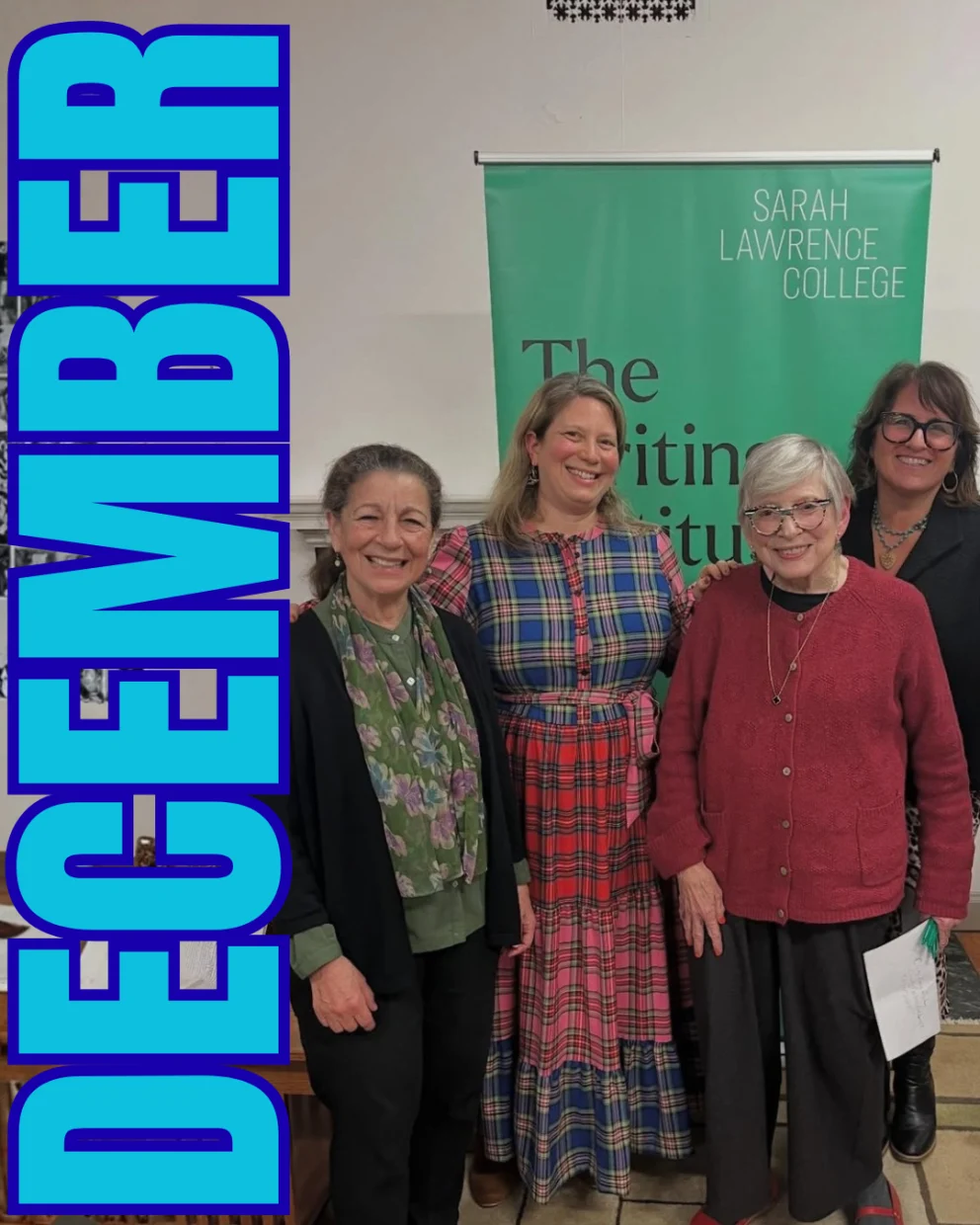 Four people stand smiling in front of a Sarah Lawrence College banner. Large blue "December" text is on the left side.