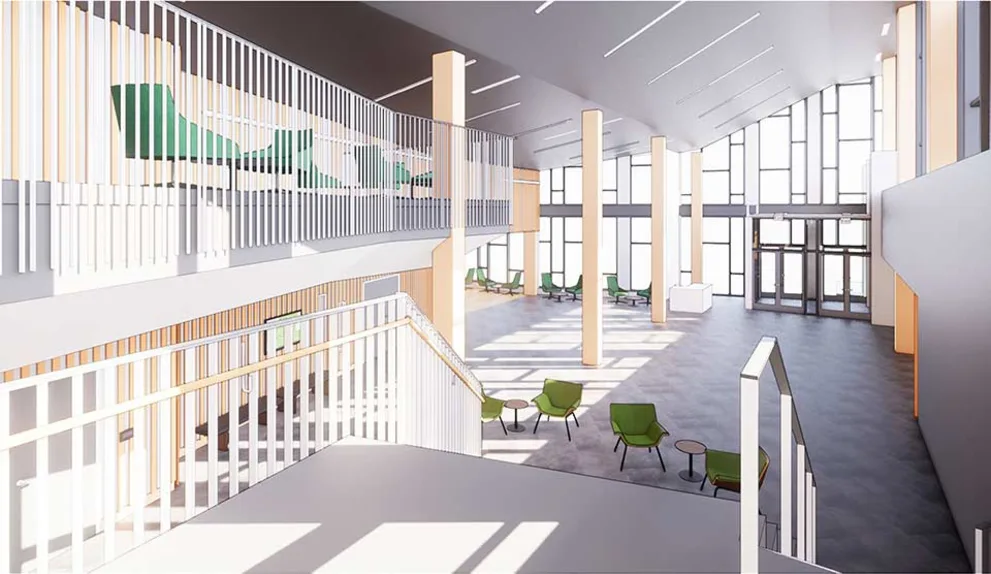 Spacious modern interior with large windows, balcony, and green chairs. Sunlight streams in, illuminating light-colored walls and floors.