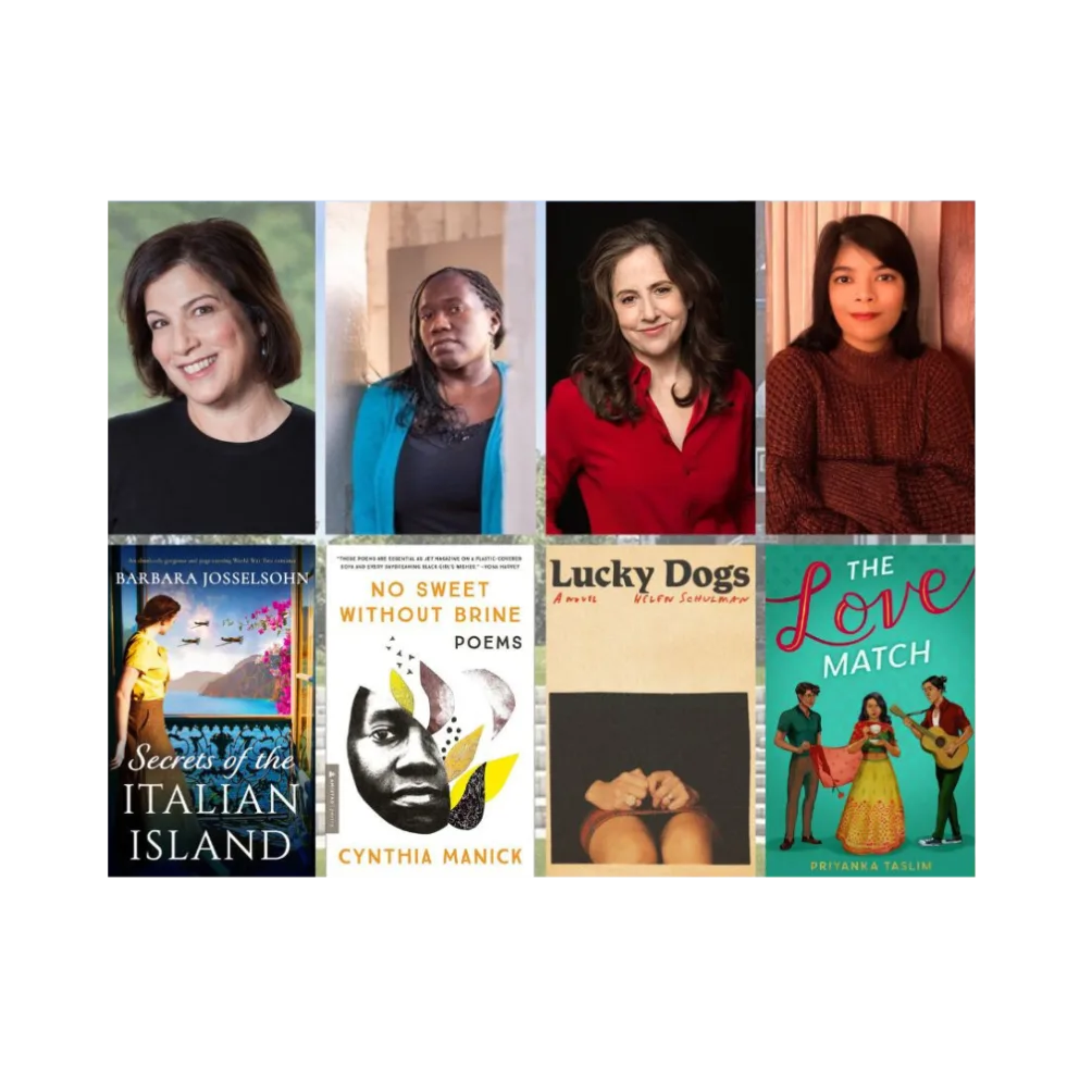Four portraits above four book covers, including titles: "Secrets of the Italian Island," "No Sweet Without Brine," "Lucky Dogs," "The Love Match."