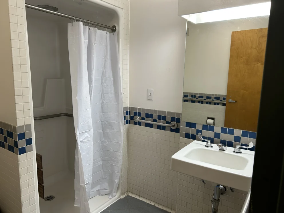 Bathroom with a shower stall, white curtain, sink, mirror, and blue-tiled wall accents.