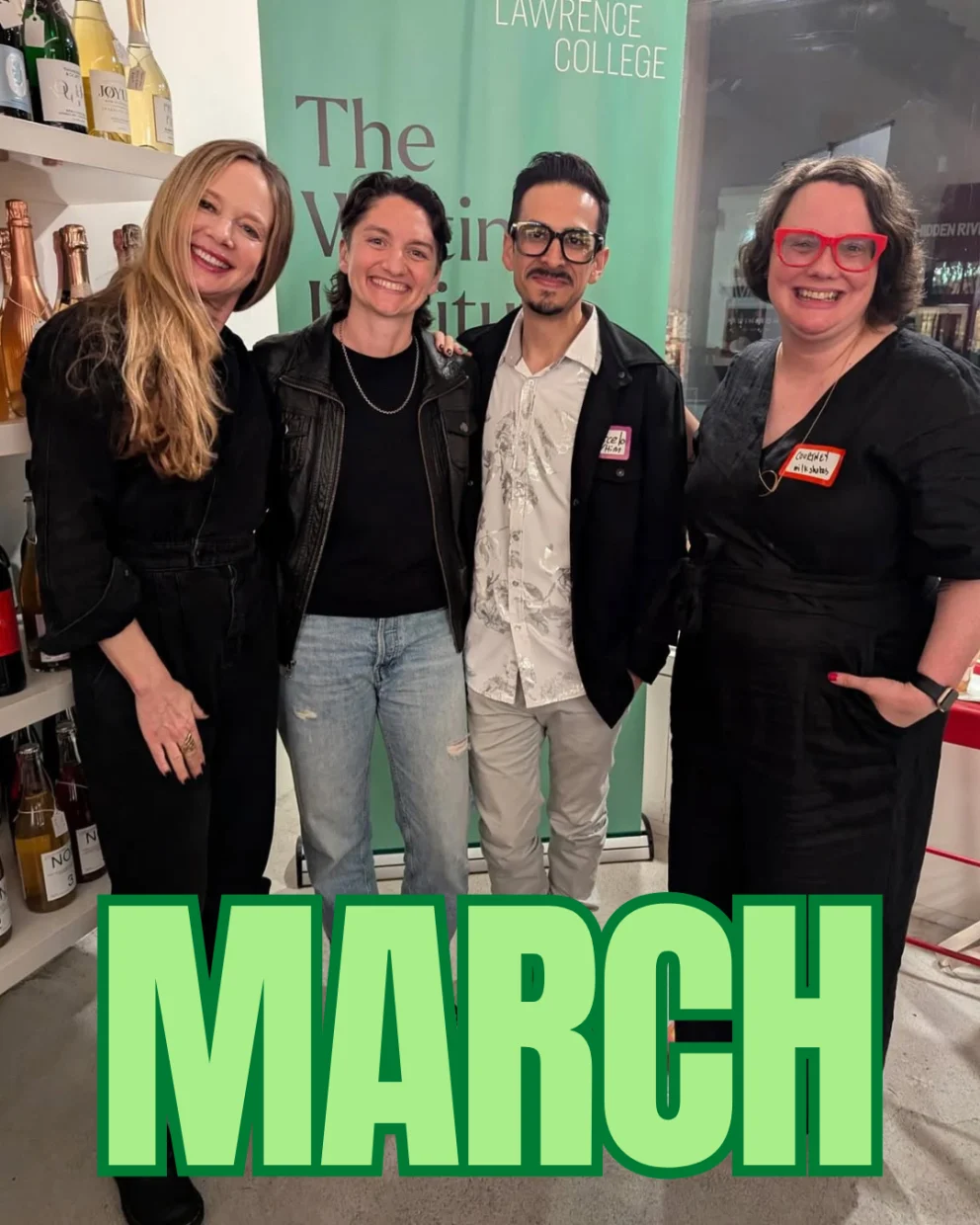 Four people standing together, smiling in front of a "Lawrence College" banner. Large text saying "MARCH" at the bottom.