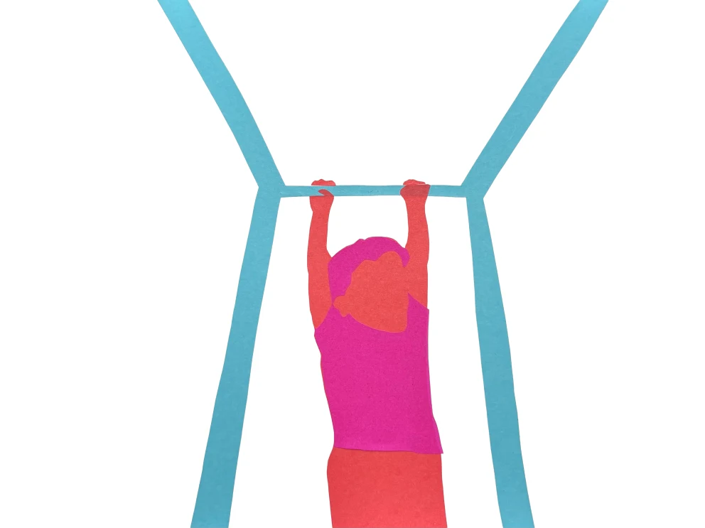 Person in pink and red holding onto a blue bar, depicted in a paper-cut art style, set against a white background.