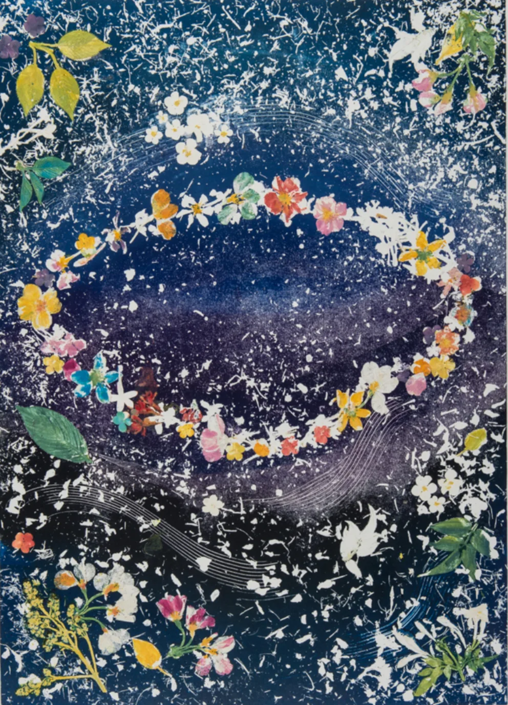 Colorful flowers and leaves form a circular wreath on a dark blue, textured background with scattered white speckles.