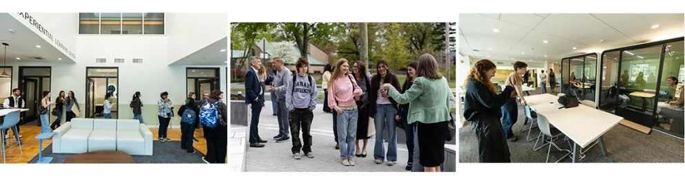Three images: people in a lobby, a group outside in conversation, and a classroom with tables and people interacting.