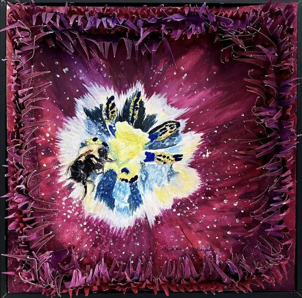 Abstract painting of a purple and white flower with a bee. The edges are textured with fringed paper, and the background is a deep reddish-purple.