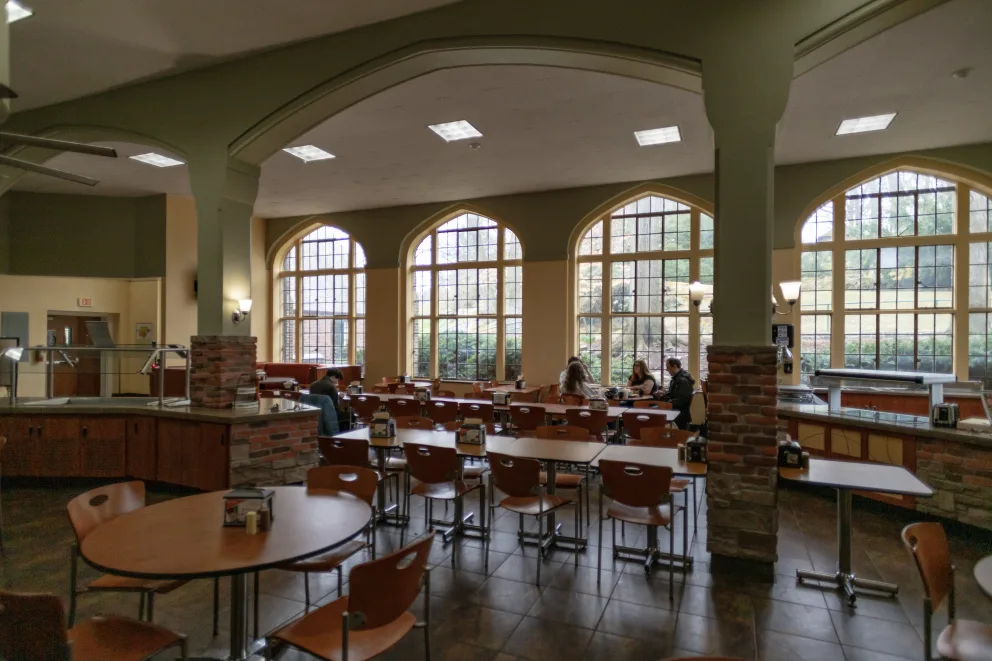 Dining hall with Food stations and tables