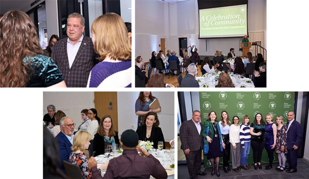 People at a community celebration, mingling, dining, and posing for group photos. A speaker presents at a podium in one scene.