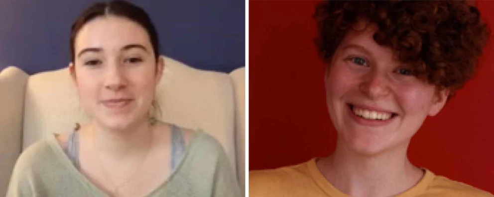 Two people smiling; one on a beige chair with a blue background, the other in front of a red background.