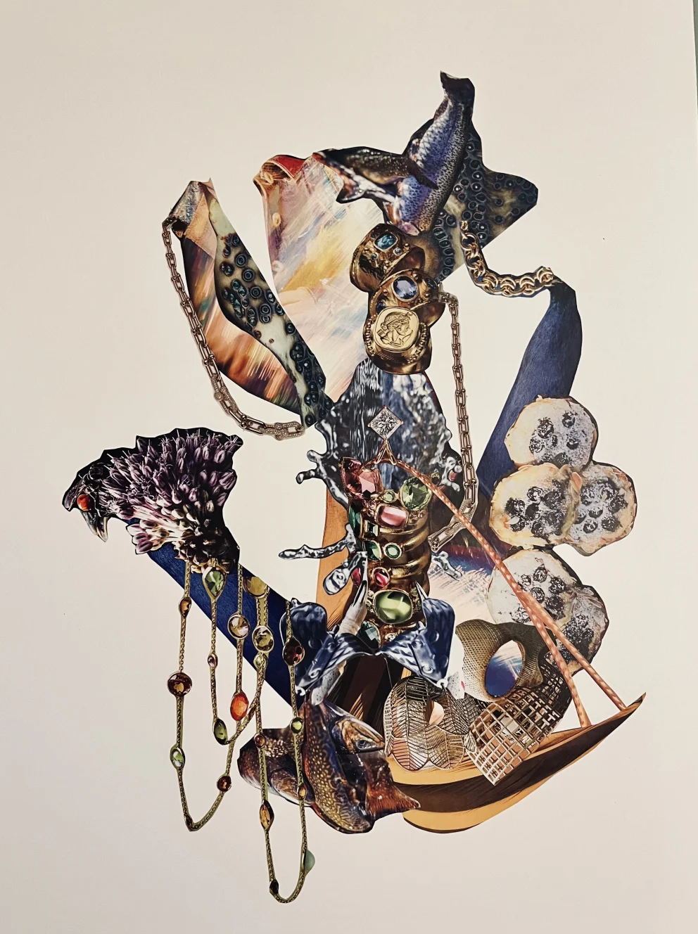 Abstract collage with various colorful textures, patterns, and objects, including chains, gems, and organic shapes, creating a dynamic composition.
