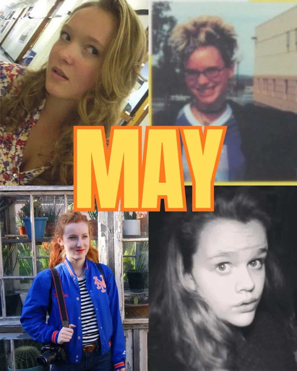 Four photos of individuals with different expressions and settings. Large yellow text "MAY" overlays the center.