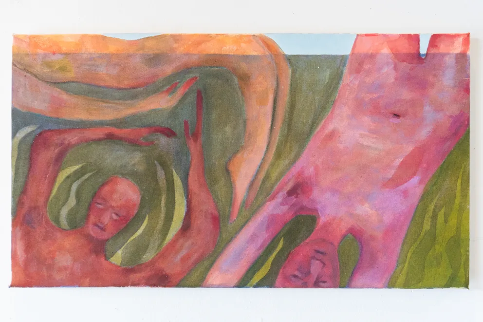 Abstract painting of two figures with elongated limbs, surrounded by swirling earthy tones and green shapes, suggesting movement and fluidity.