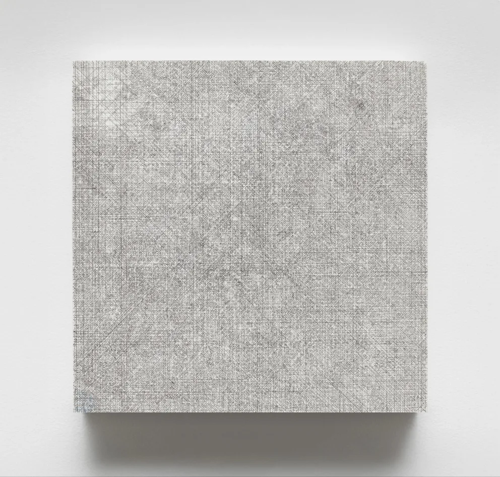Abstract artwork with intricate, overlapping pencil lines forming a complex grid pattern on a square, textured canvas in grayscale.
