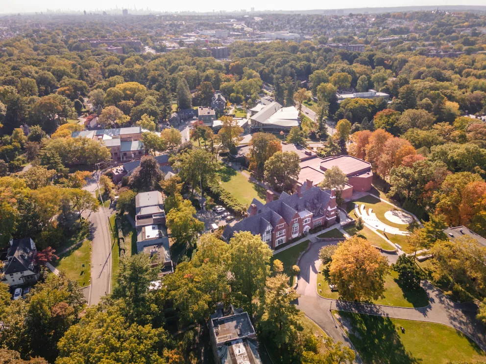 Aerial view of a lush, green neighborhood with large houses, trees, and a visible park on a sunny day, with a city skyline in the background.