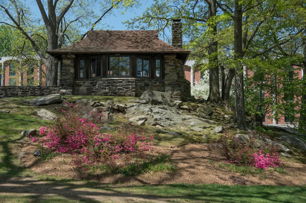 Stone cottage on a rocky hill surrounded by trees and pink flowering bushes, with brick buildings partially visible in the background.