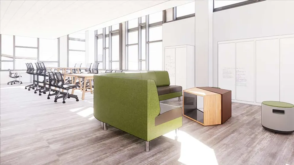 Modern office space with green seating, tables, chairs on wooden floor, large windows, and white walls, creating a bright, open environment.