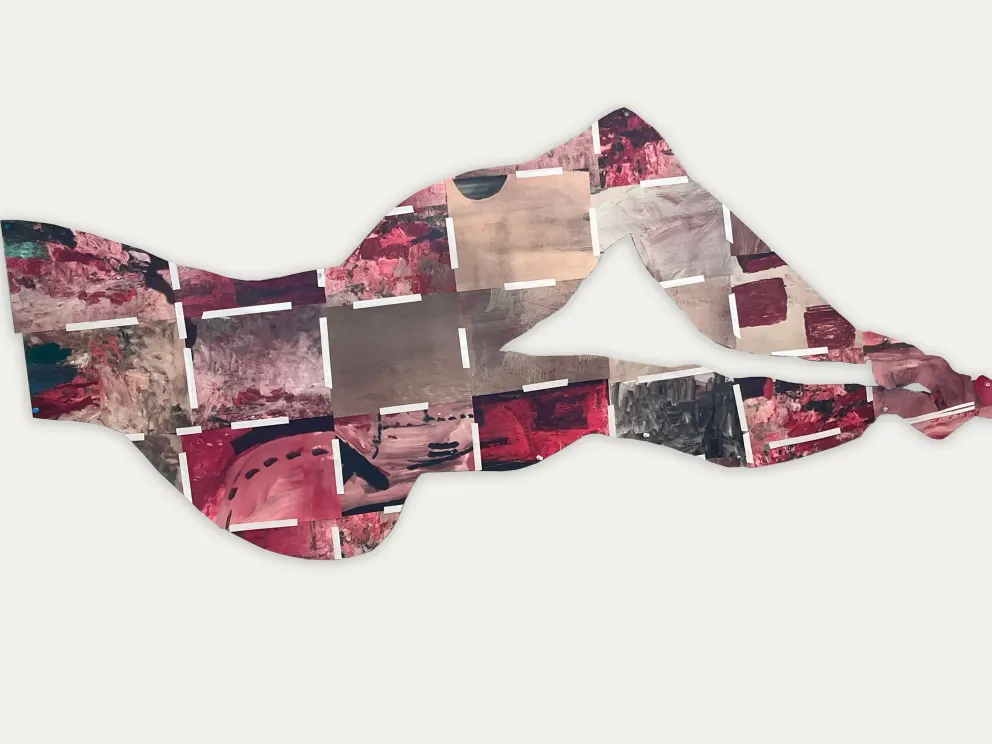 Abstract silhouette of a reclining figure, composed of various reddish and beige rectangular patches with a collage effect.