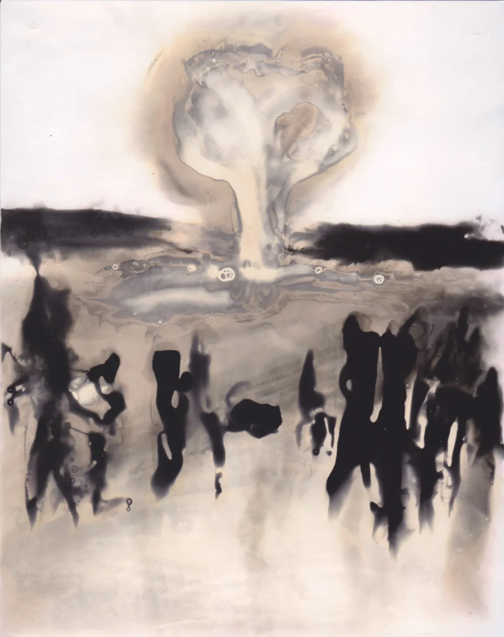 Abstract grayscale artwork featuring blurred figures and a central shape resembling a mushroom cloud with soft, flowing contours.