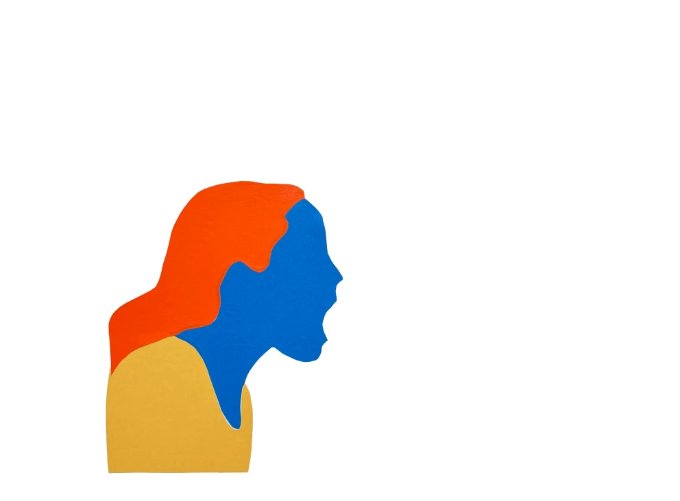 Colorful silhouette in profile with red hair, blue face, and beige shirt, appearing to shout.