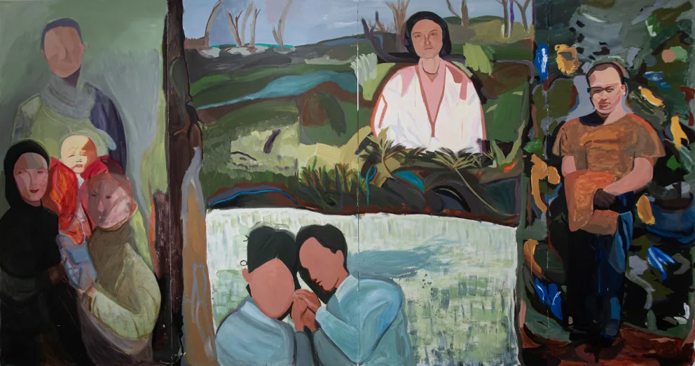 Collage of abstract figures and landscapes, including a family with children, a person in white, and two individuals embracing near a pond.