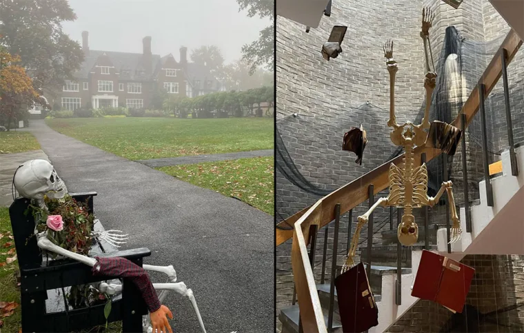 Left: Skeleton sitting on a bench holding a rose. Right: Skeleton hanging on stairs with floating books.