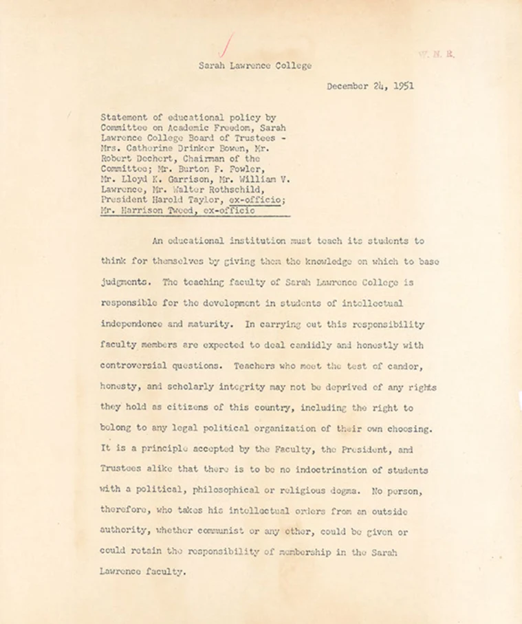 Typed document from Sarah Lawrence College dated December 24, 1951, discussing academic freedom and responsibilities of faculty and students.