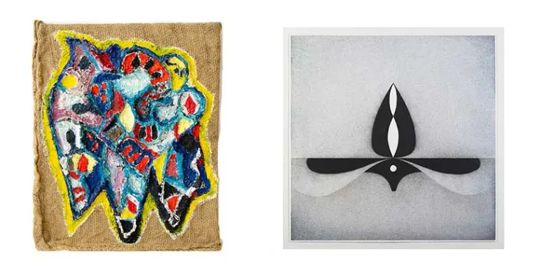 Two abstract paintings: the left features bright, textured colors; the right has a monochromatic design with a central geometric shape.