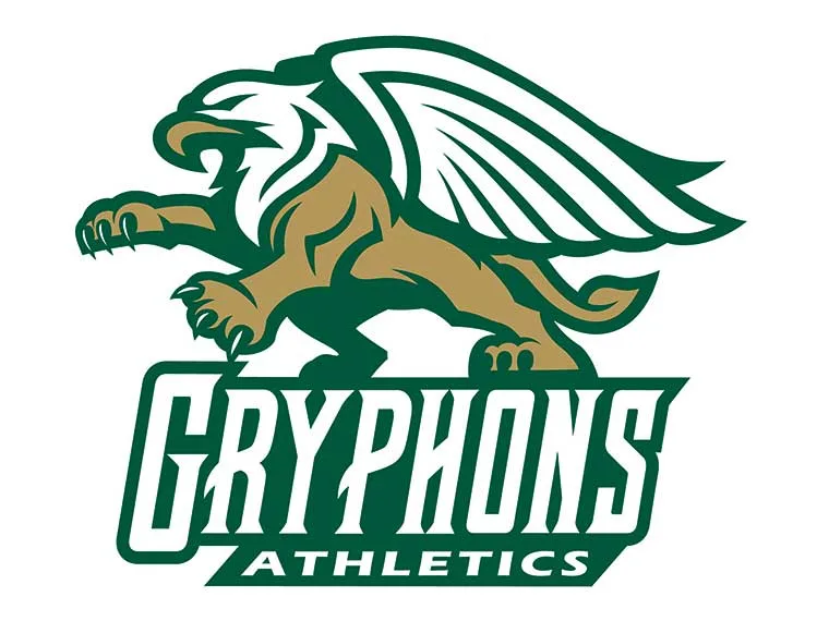 Gryphon logo with white wings and brown body above the text "Gryphons Athletics" in green and white.