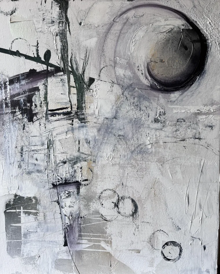 Abstract painting with textured layers of gray and white, featuring dark circular shapes and lines, creating a sense of depth and movement.