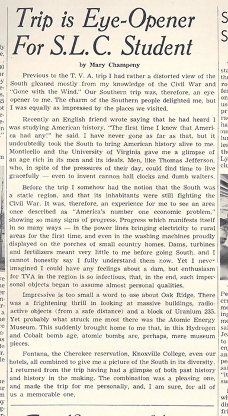 Newspaper article titled "Trip is Eye-Opener For S.L.C. Student" by Mary Champeny, discussing impressions of the South.