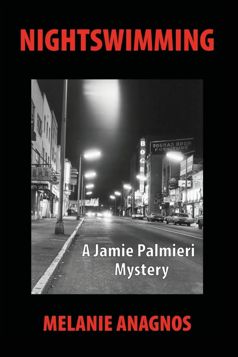 Book cover with a black and white urban night scene. Title "Nightswimming" and author "Melanie Anagnos" in bold red text.