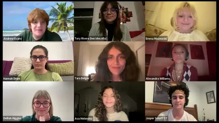 Grid of nine people in a video call, each in separate frames, some with unique backgrounds like a beach or a room with red accents.