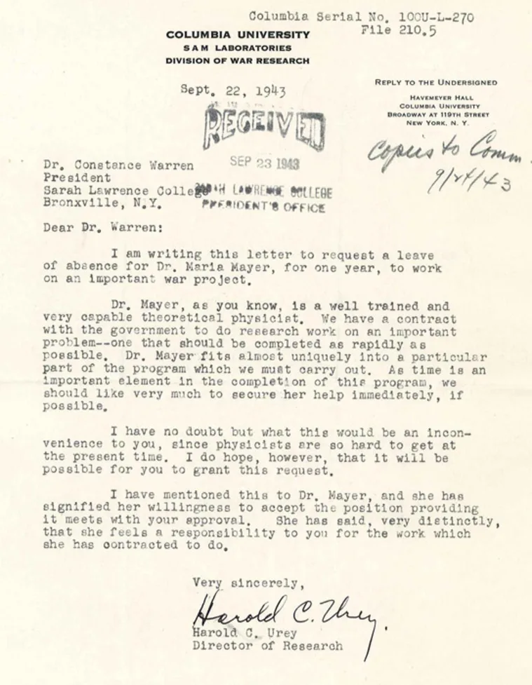 A typed 1943 letter from Columbia University requesting a leave of absence for Dr. Maria Mayer to work on a government war project.