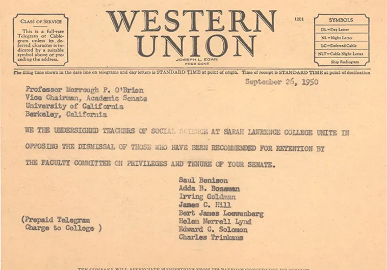 Western Union telegram dated September 26, 1950, from Sarah Lawrence College faculty opposing the non-retention of colleagues. Names listed.