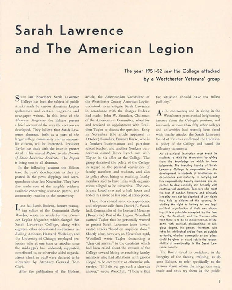 Typed document titled "Sarah Lawrence and The American Legion," discussing public attacks on Sarah Lawrence College by a veterans' group in 1951-52.