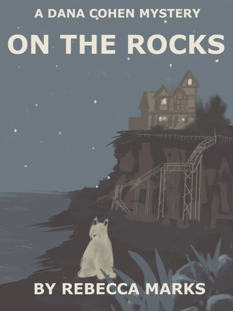 Book cover art for "On the Rocks" by Rebecca Marks. A figure stands by a cliff with a house overlooking the sea at night.