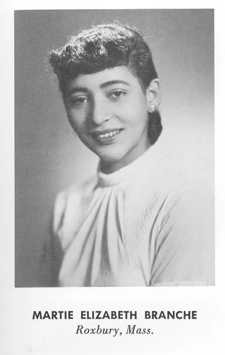 A person smiling in a black and white portrait. Text below reads "Martie Elizabeth Branche, Roxbury, Mass."