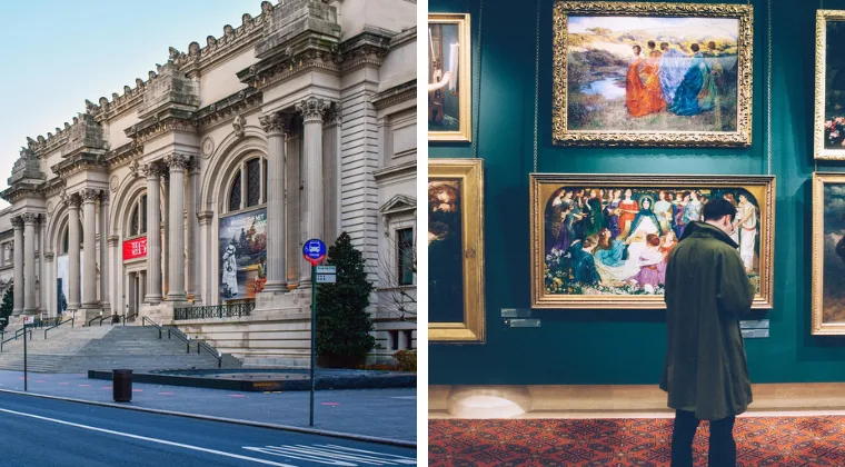 Left: Grand museum entrance with classical architecture. Right: Person in a coat admiring framed paintings in an art gallery.