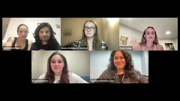 Five individuals appear in a video call with names displayed: sophiehammond, Emma McKibben, Cora Colvin, Kate Hansberry, Carolyn Martinez-Class.
